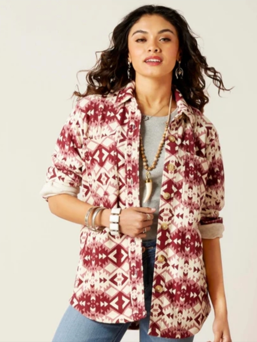 Ariat Fillmore Shirt Jacket Burgundy Cream Southwest Aztec Print Cotton Shacket